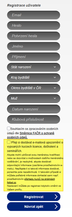 Registrace: Požádat o zasílání upozornění o nových kurzech či seminářích